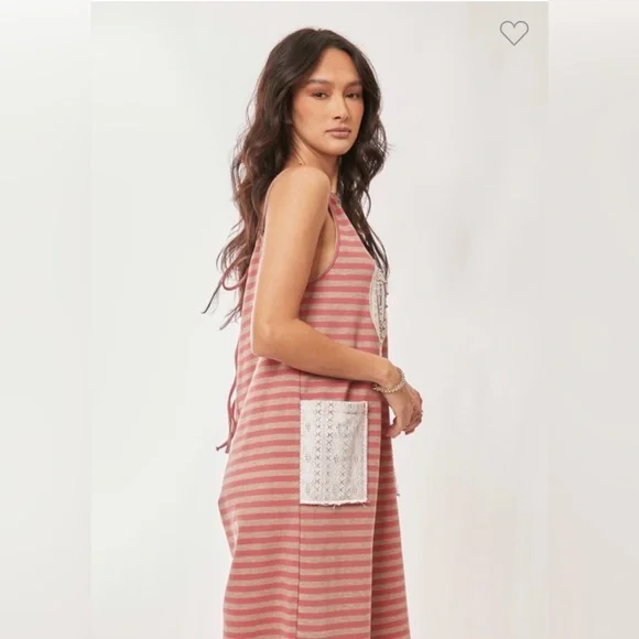 Striped Pink Overalls with Heart Design. Striped French Terry Heart Jumpsuit - Picture 6 of 6